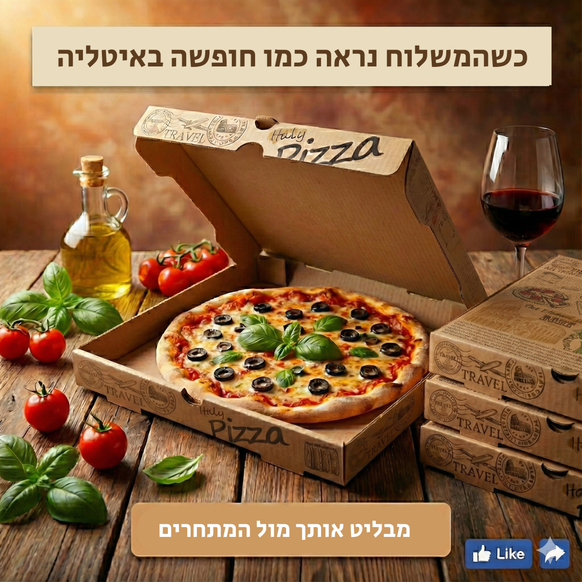 קרטון לפיצה חום מרובע  מודפס רומא