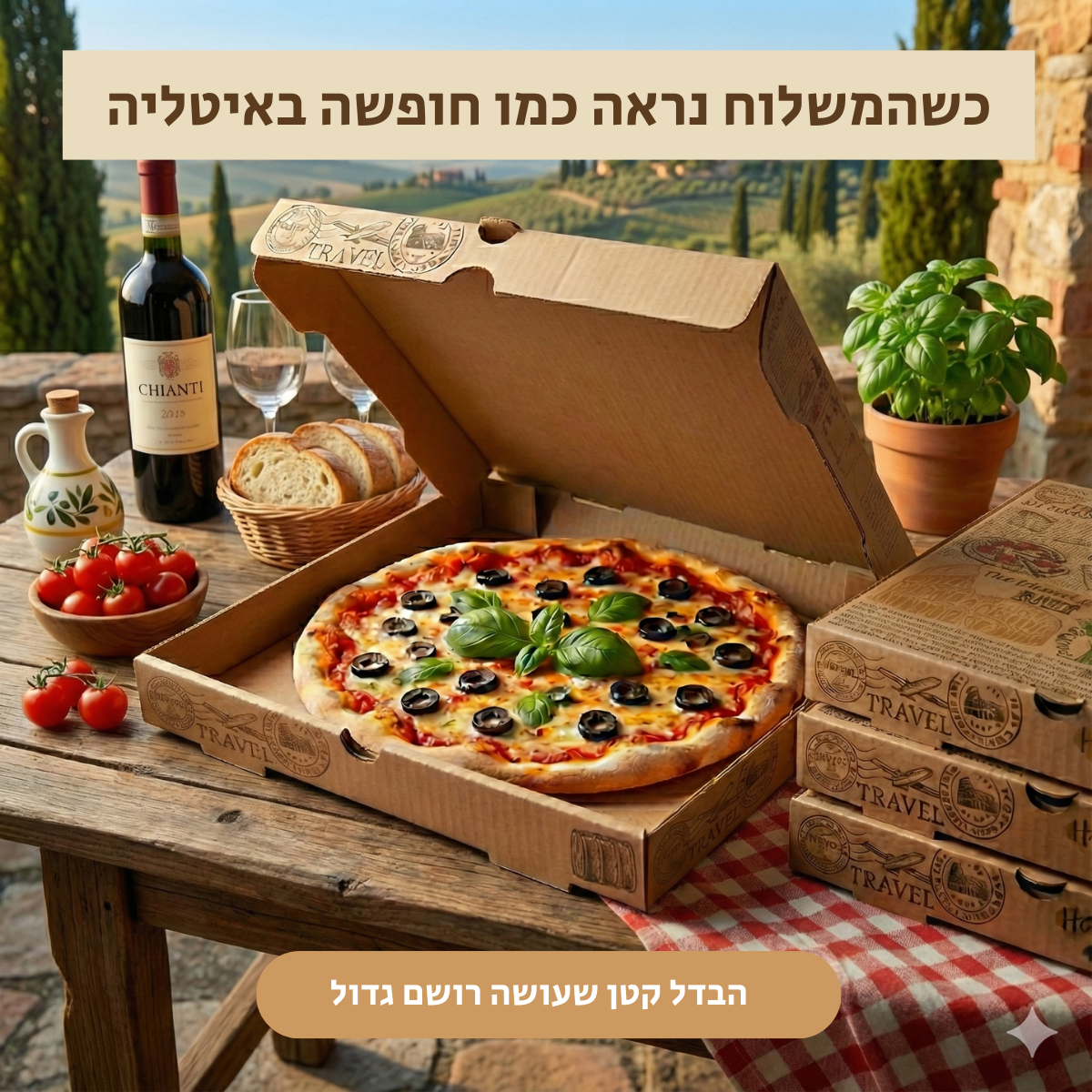 קרטון לפיצה חום מרובע  מודפס רומא