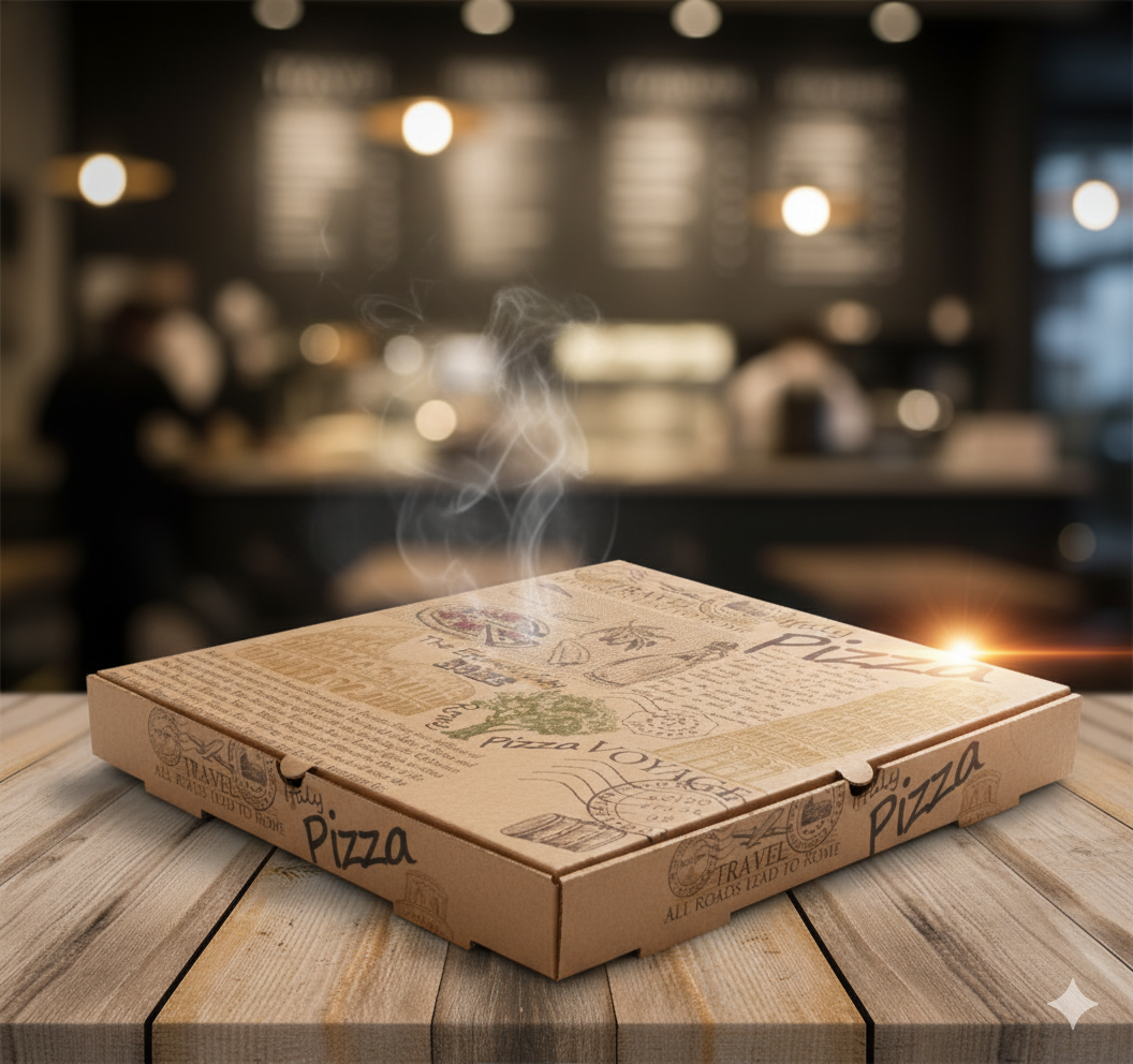 קרטון לפיצה חום מרובע  מודפס רומא